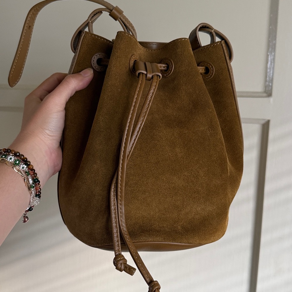 LIKE NEW REFORMATION Ornellia Bucket Bag, Bog Suede - Picture 6 of 9